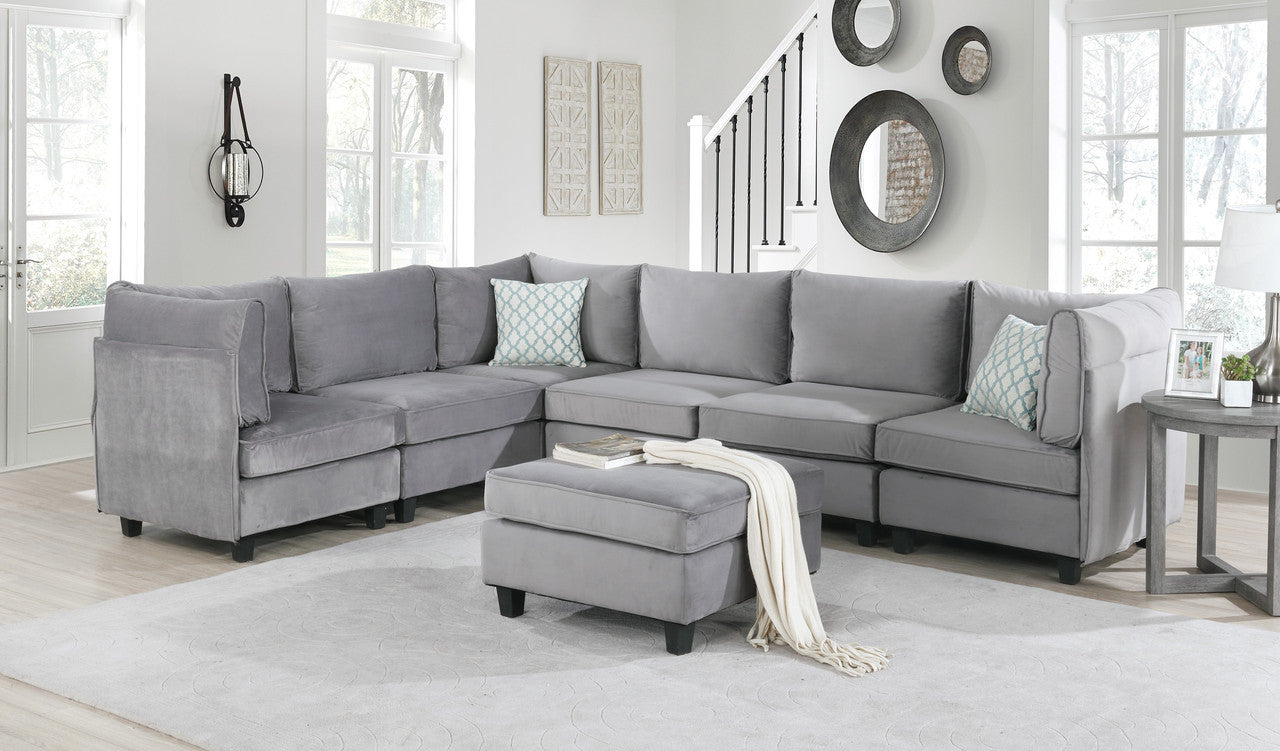 120" Gray Velvet 7Pc Modular Sectional Sofa