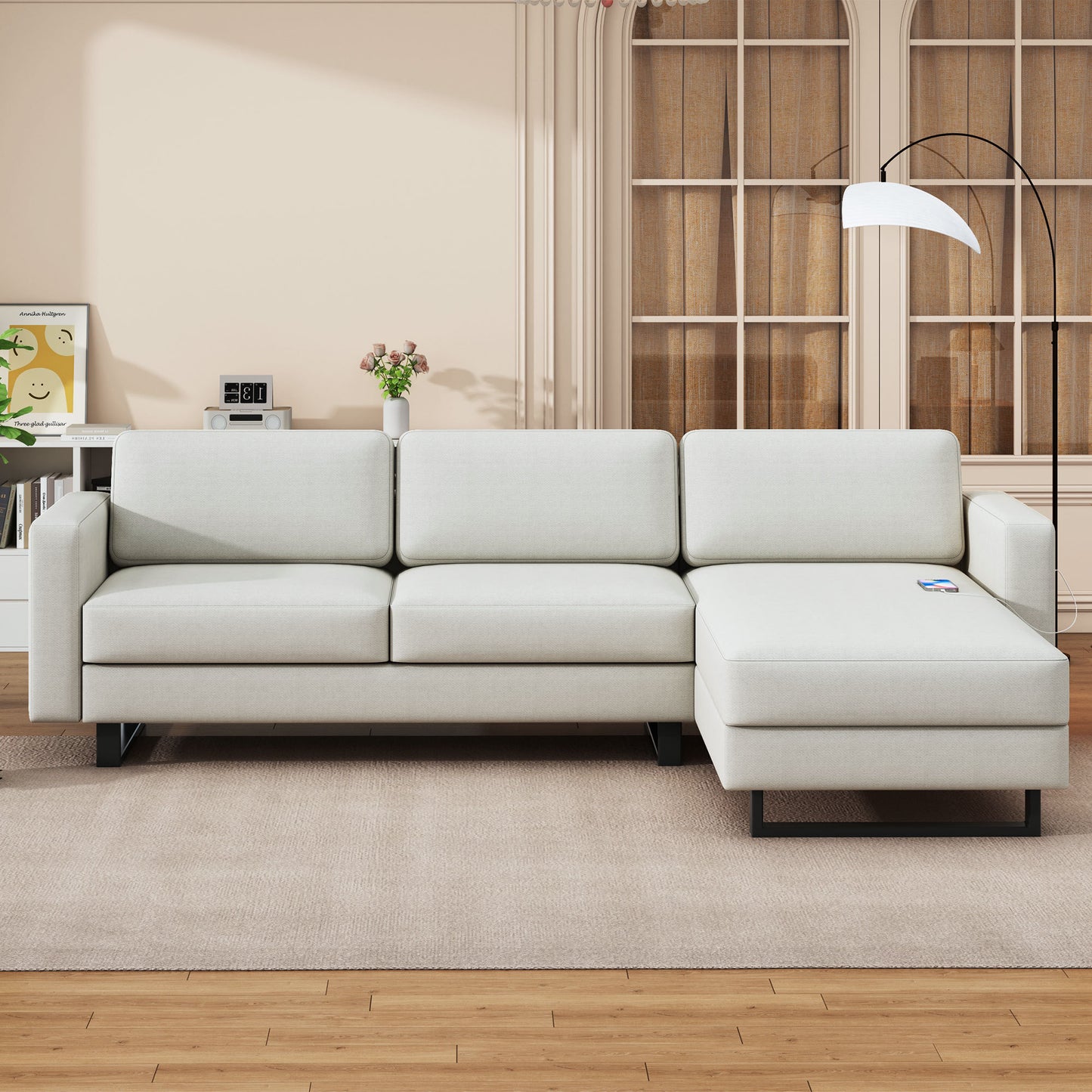 SOFA The best choice products upholstered sectional sofa for families, apartments, dormitories, award rooms, compact space with chaise longue, 3 seats, L-shaped design, off-white