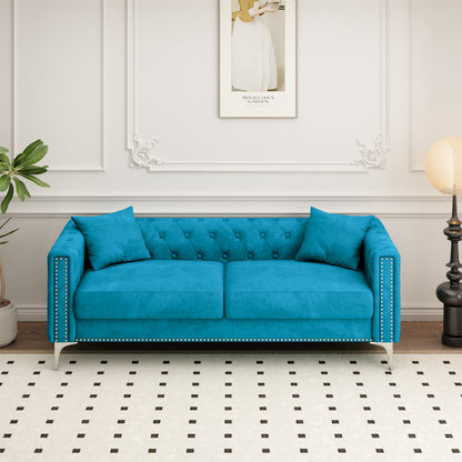 Sofa includes 2 pillows, 83 "blue velvet triple sofa, suitable for large and small Spaces