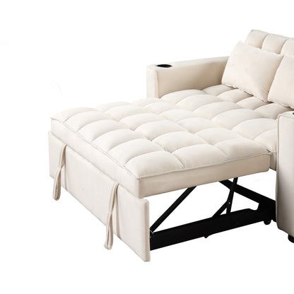 58" 4-1 Multi-functional Sofa Bed with Cup Holder and USB Port for Living Room or Apartments Milky White