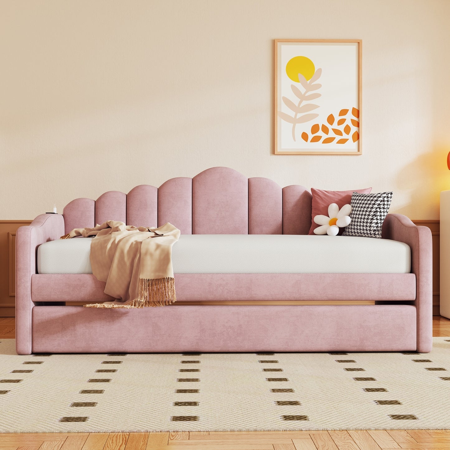 Twin size Upholstered Daybed with Trundle,Velvet Sofabed with USB Charging Ports,No Box-spring Needed,Pink