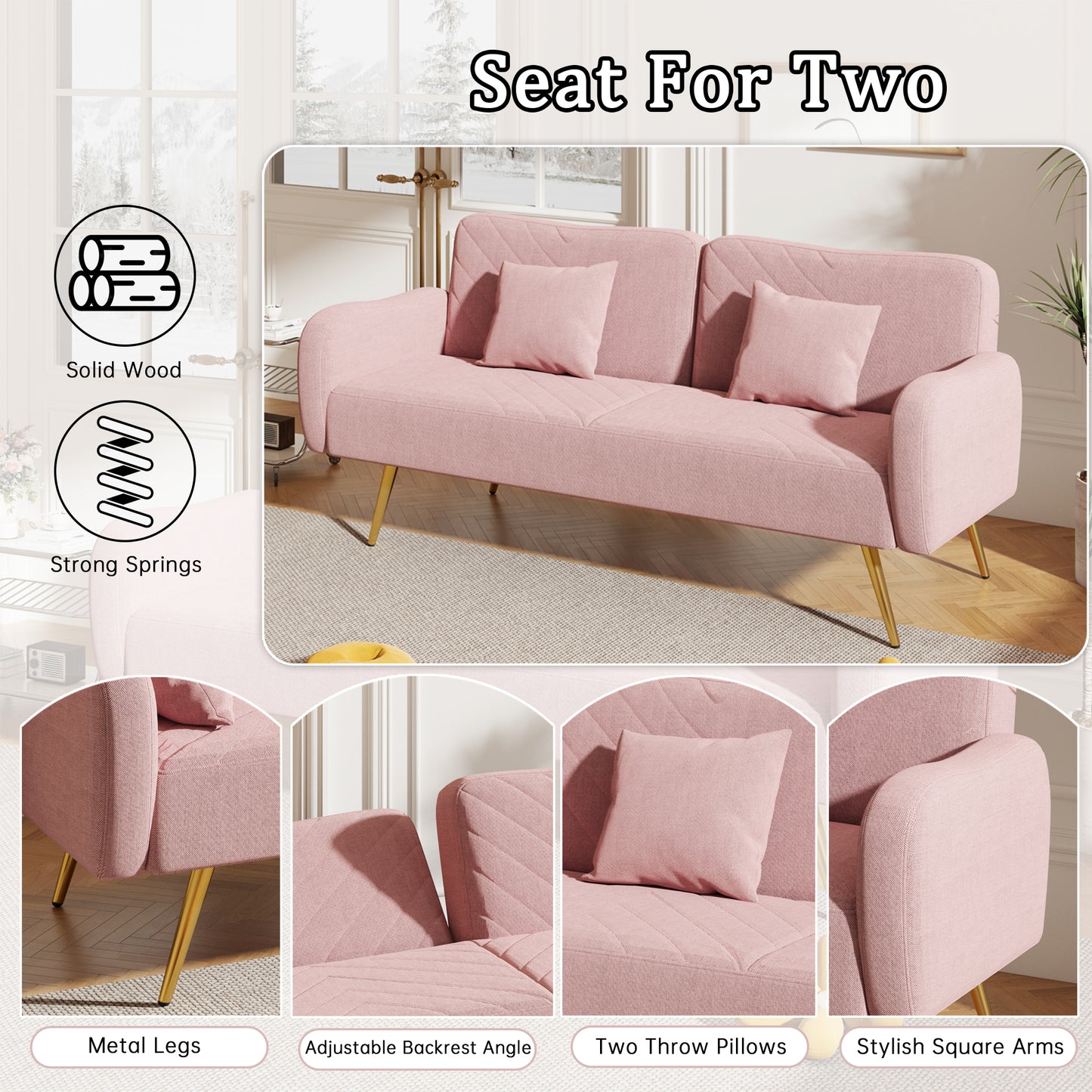 70.47" Pink Fabric Double Sofa with Split Backrest and Two Throw Pillows,Suitable for living room, apartment, home office