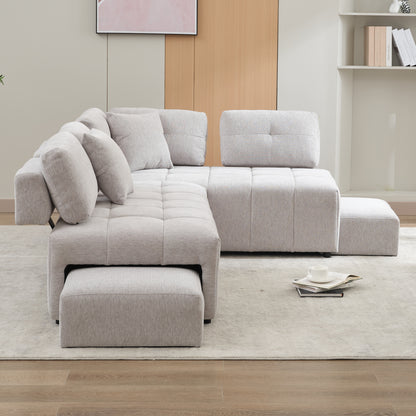 91.73" L-shaped Sofa Sectional Sofa Couch with 2 Stools and 2 Lumbar Pillows for Living Room, Light Grey