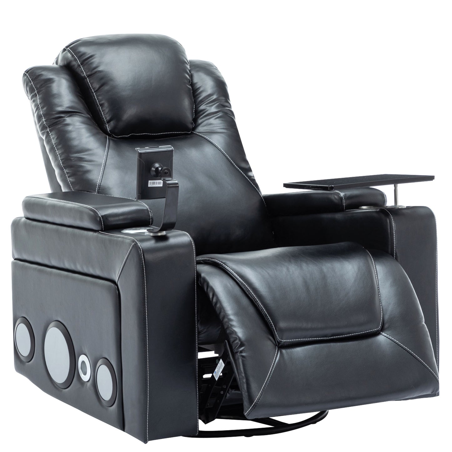 270 Degree Swivel PU Leather Power Recliner Individual Seat Home Theater Recliner with Surround Sound, Cup Holder, Removable Tray Table, Hidden Arm Storage for Living Room, Black