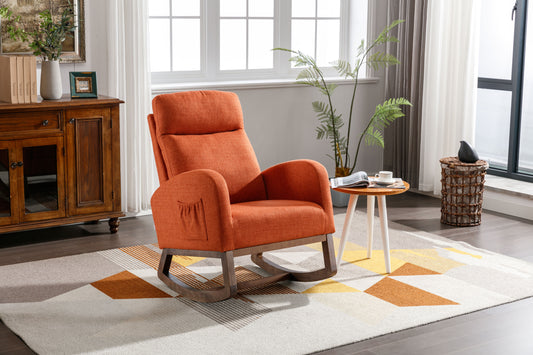 Rocking Chair, Modern Glider Chair, Recliner Armchair with Wood Legs and Side Pocket, Nursery Rocking Accent Chair with High Back for Living Room Bedroom (Orange linen)