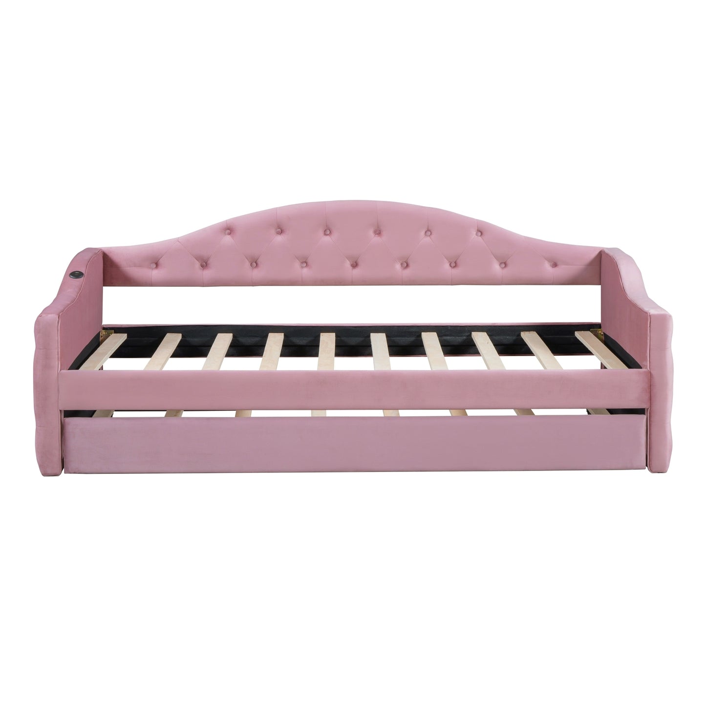 Size Tufted Upholstered Daybed with Trundle,Velvet Sofabed with USB&Type-C Charging Ports,No Box-spring Needed, Pink