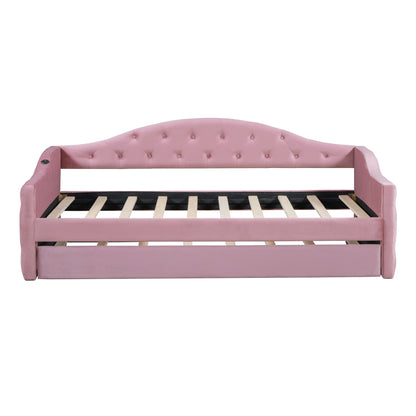 Size Tufted Upholstered Daybed with Trundle,Velvet Sofabed with USB&Type-C Charging Ports,No Box-spring Needed, Pink