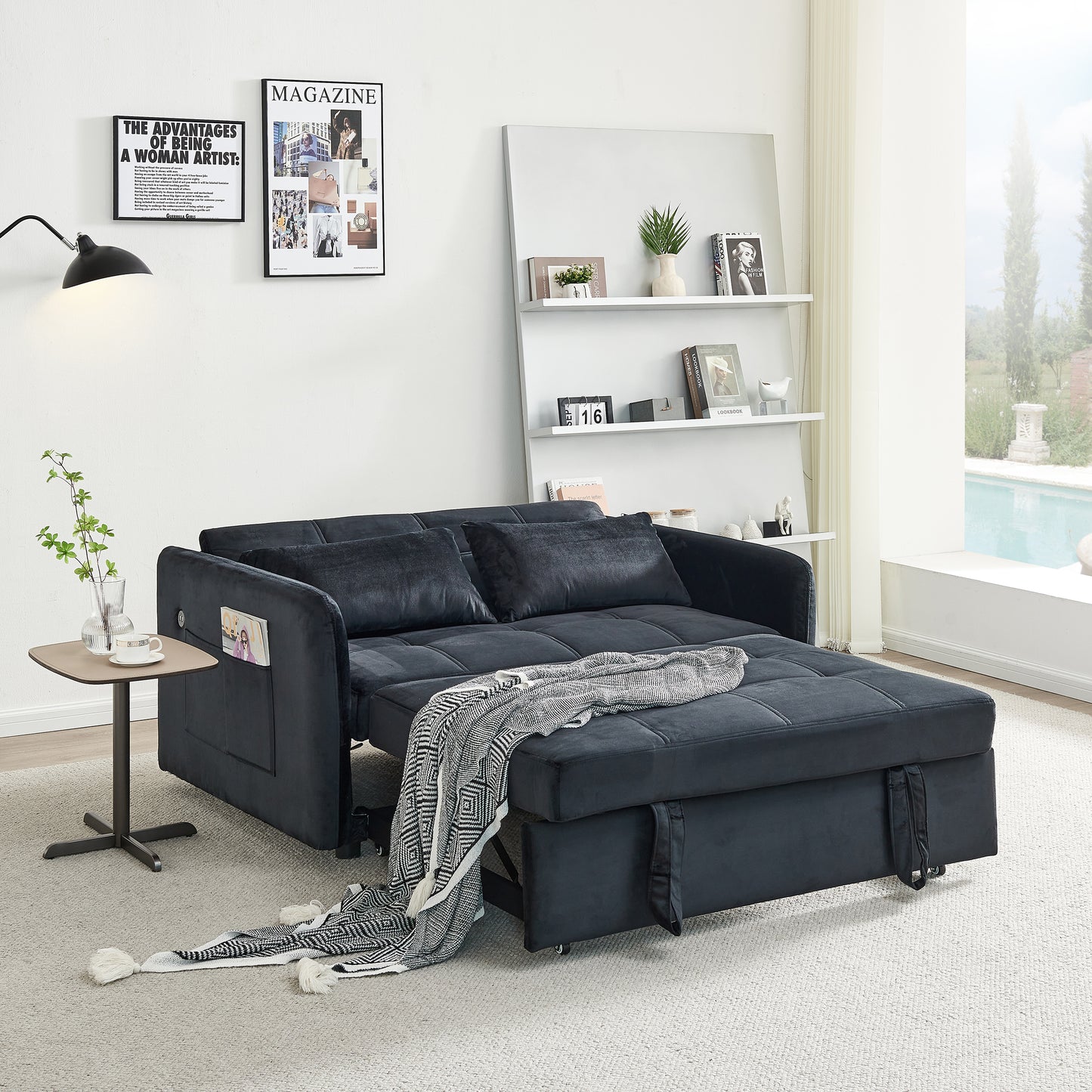 55.5" Twins Pull Out Sofa Bed Black Velvet