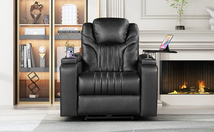 PU Leather Power Recliner Home Theater Recliner with Power Adjustable Headrest, Wireless Charging Device, USB Port, Storage Arms, Cup Holder and Swivel Tray Table for Living Room, Black