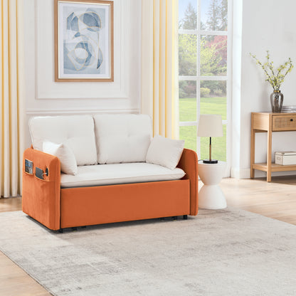 53" Modern Convertible Sofa Bed w/2 Removable Armrests w/USB Power Port, Velvet Recliner Adjustable Sofa w/Head Pull-Out Bed, 2 Pillows, For Living Room Apartment etc., White-Orange