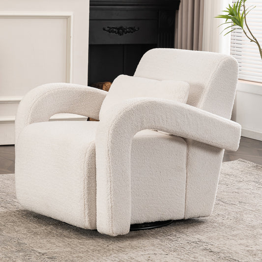 White Teddy Fabric Armchair - Modern Sturdy Lounge Chair with Curved Arms and Thick Cushioning for Plush Comfort