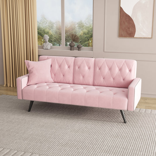 1730 Sofa Bed Armrest with Nail Head Trim with Two Cup Holders 72" Pink Velvet Sofa for Small Spaces