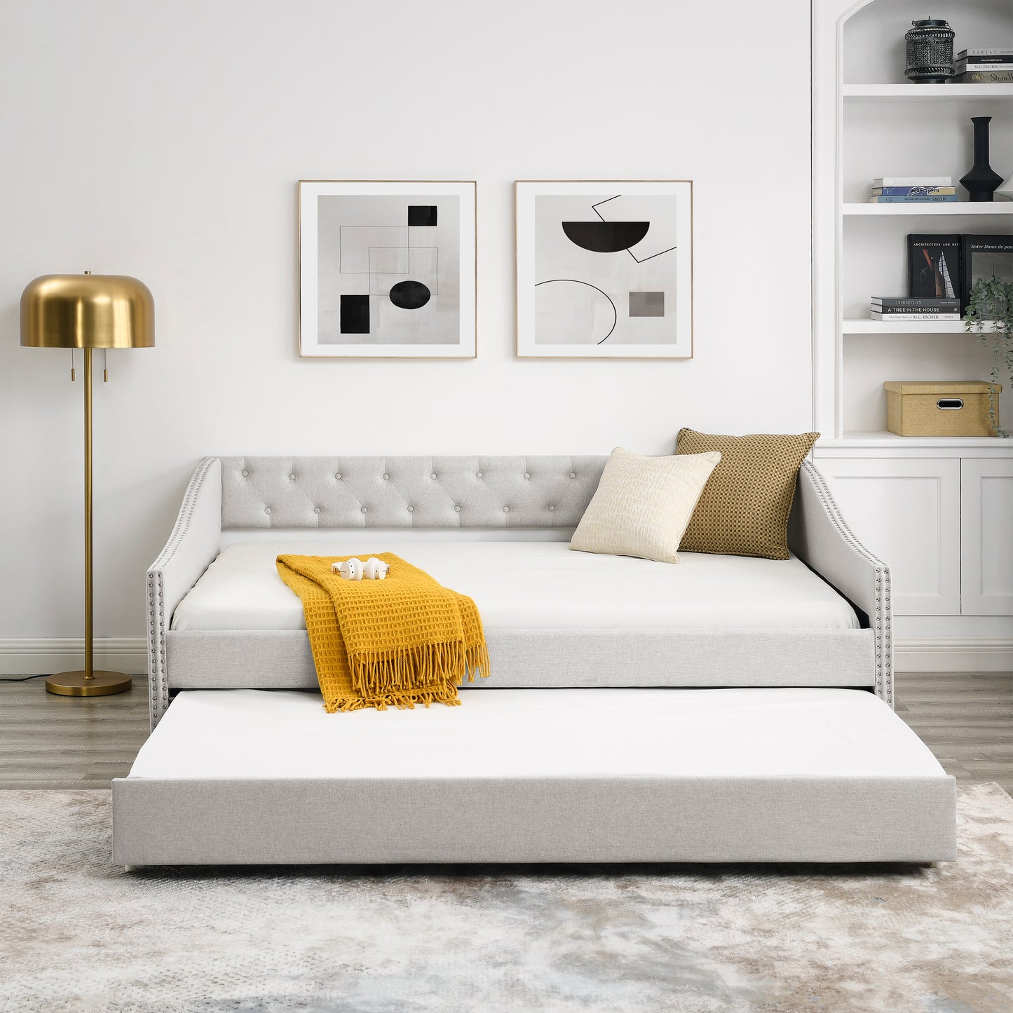 Full Size Daybed with Twin Size Trundle Upholstered Tufted Sofa Bed, with Button on Back and Copper Nail on Waved Shape Arms,Beige (80.5"x55.5"x27.5")