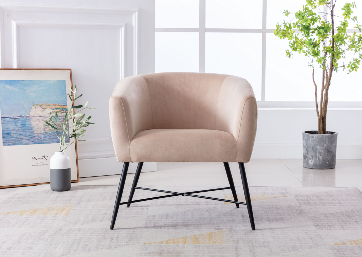 Luxurious Design 1pc Accent Chair Beige Velvet Clean Line Design Fabric Upholstered Metal Legs Stylish Living Room Furniture