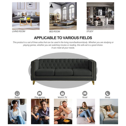 Velvet Sofa for Living Room,Buttons Tufted Square Arm Couch, Modern Couch Upholstered Button and Metal Legs, Sofa Couch for Bedroom, Black Velvet(W834S00022)