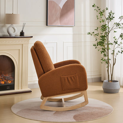 27.2"W Rocking Chair for Nursery, Sherpa Glider Chair with High Back and Side Pocket, Rocking Accent Armchair with Rubber Wood Legs for Living Room/Bedroom.Caramel