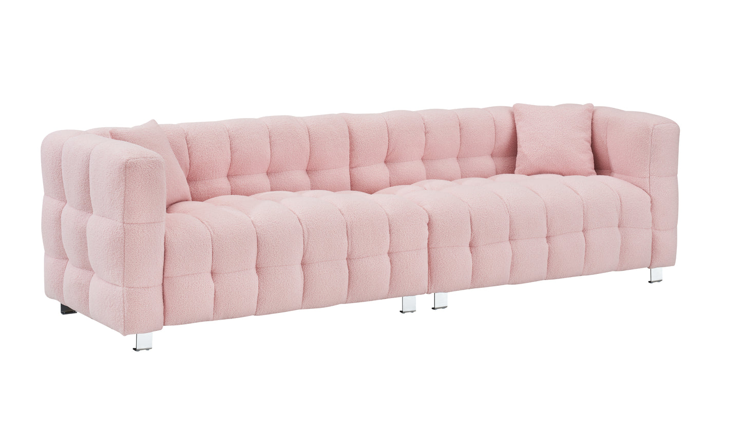 102-inch pink teddy fleece sofa with two throw pillows in living room Bedroom apartment sofa supported by hardware feet