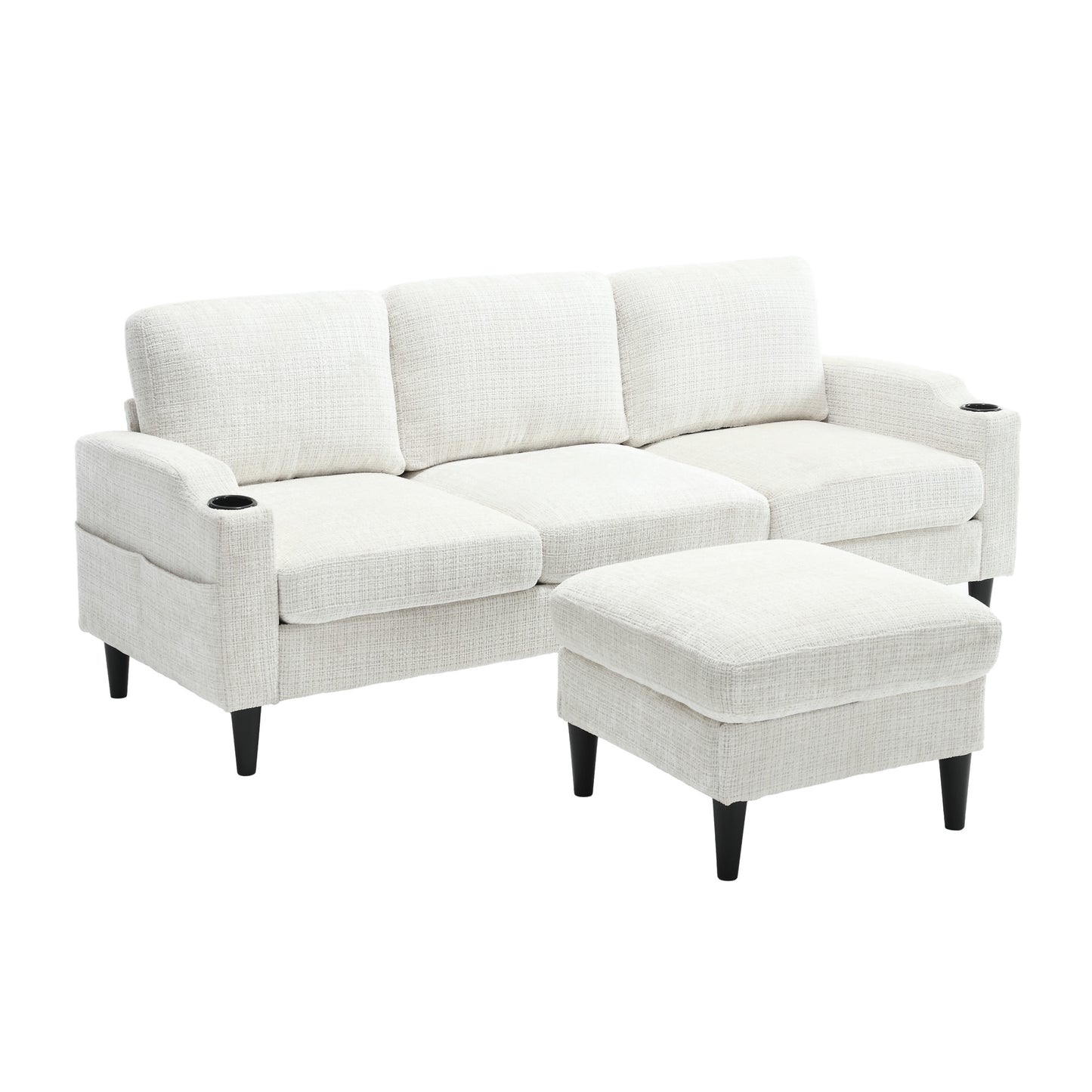 Sofa for three, solid wood frame, Chenille fabric, side pocket, with two cup holders, footstool with storagestorage sofa /Living room sofa cozy sectional sofa