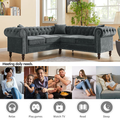 80" Deep Button Tufted Upholstered Roll Arm Luxury Classic Chesterfield L-shaped Sofa 3 Pillows Included, Solid Wood Gourd Legs, Grey velvet