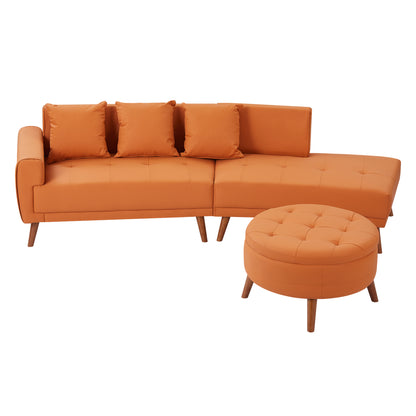 107" Contemporary Sofa Stylish Sofa Couch with a Round Storage Ottoman and Three Removable Pillows for Living Room, Orange