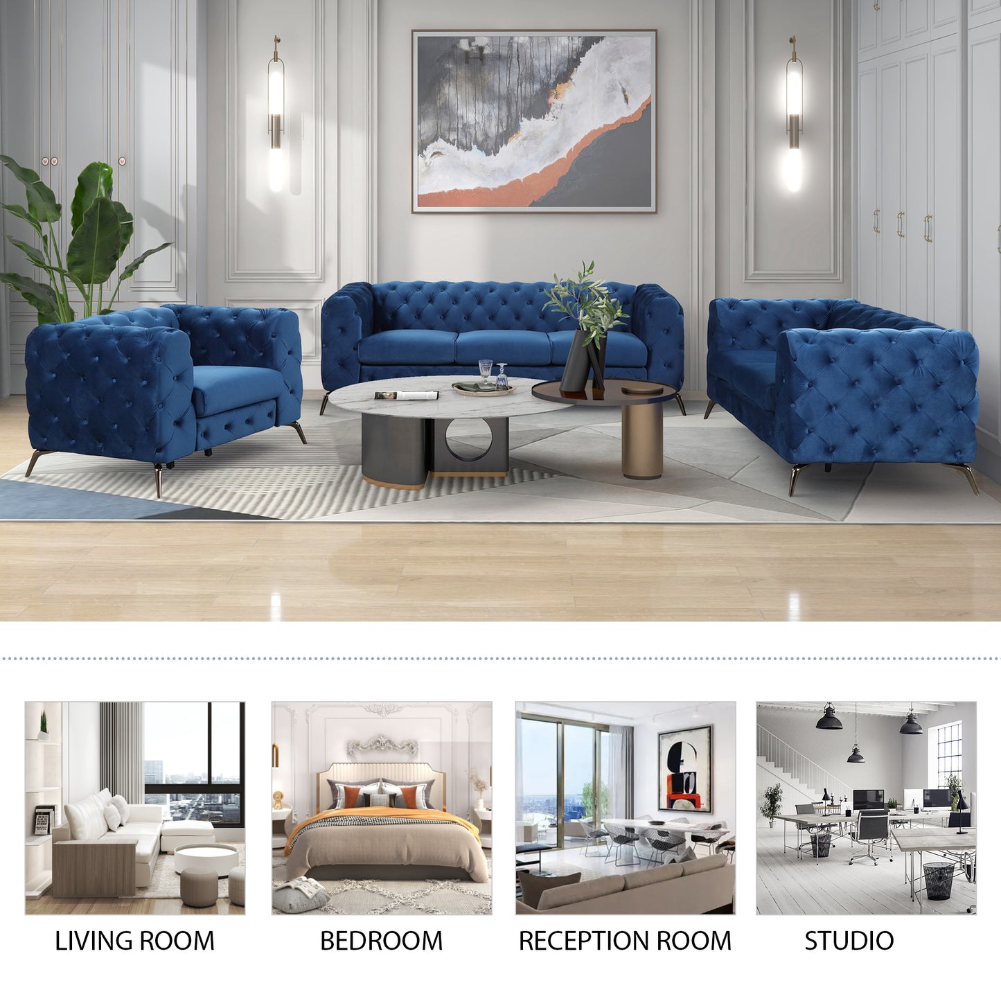 85.5" Velvet Upholstered Sofa with Sturdy Metal Legs,Modern Sofa Couch with Button Tufted Back, 3 Seater Sofa Couch for Living Room,Apartment,Home Office,Blue