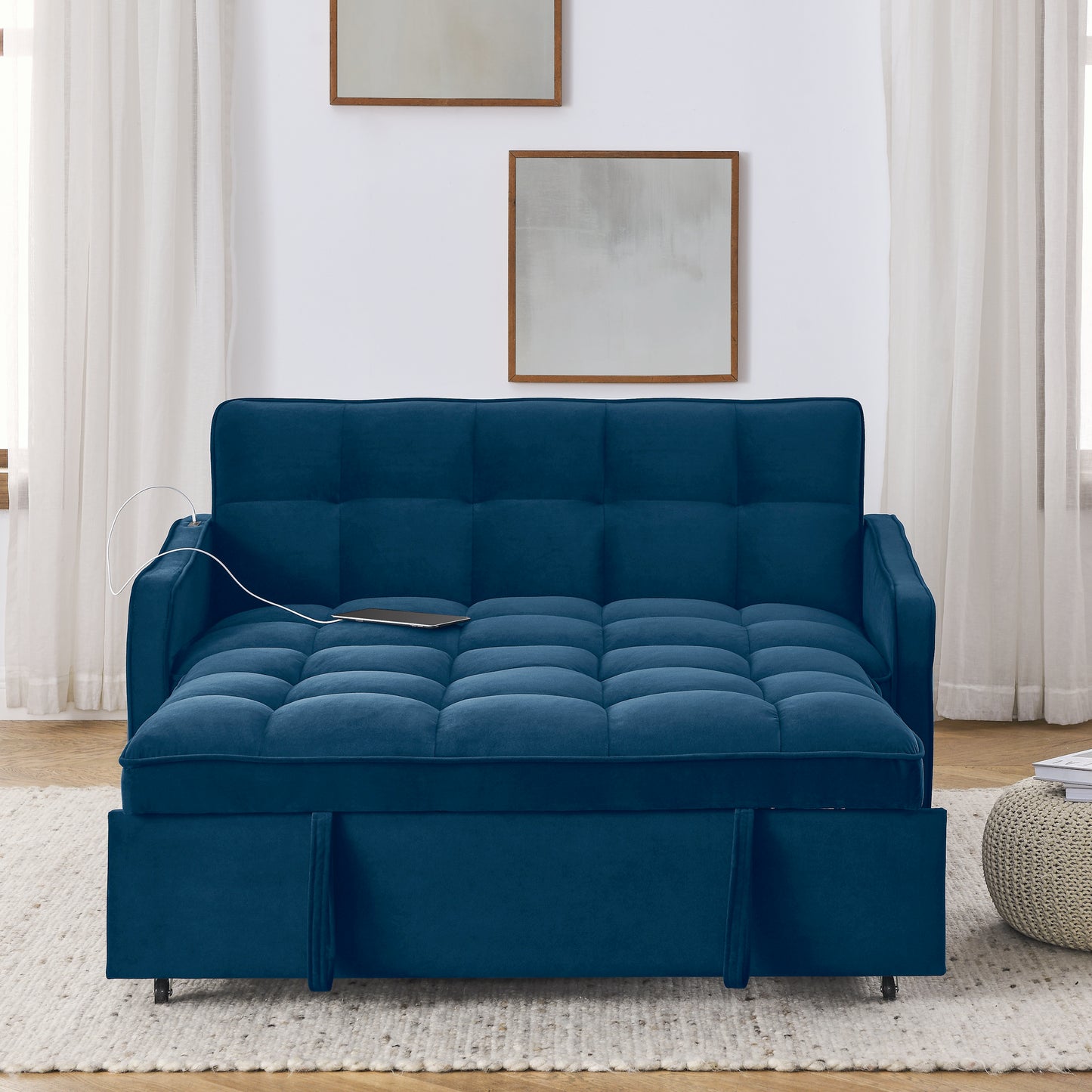 Loveseats Sofa Bed with Pull-out Bed,Adjsutable Back and Two Arm Pocket,TypeC and USB Charging with Copper nail,Blue (47"x53"x31")