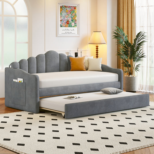 Upholstered Daybed with Trundle,Velvet Sofabed with USB Charging Ports,No Box-spring Needed,Gray