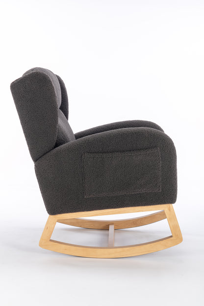 049-Teddy Fabric Rocking Chair With Packet Wood Legs,Dark Gray