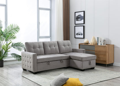 77 Inch Reversible Sectional Storage Sleeper Sofa Bed, L-Shape 2 Seat Sectional Chaise With Storage, Skin-Feeling Velvet Fabric,Light Grey Color For Living Room Furniture