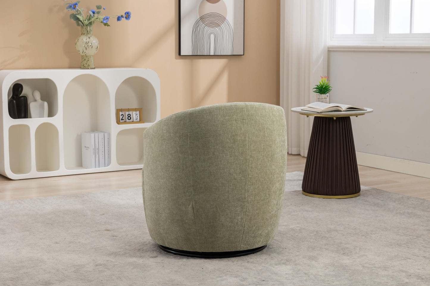 037-Chenille Fabric Swivel Accent Armchair Barrel Chair With Black Powder Coating Metal Ring,Light Green