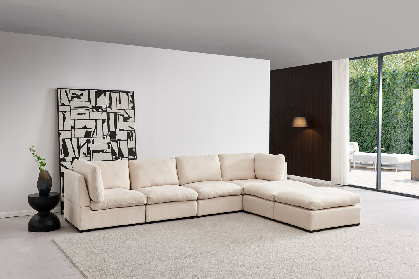 Modular Sofa with Ottoman,Filled with Down,Soft Linen Fabric,Beige