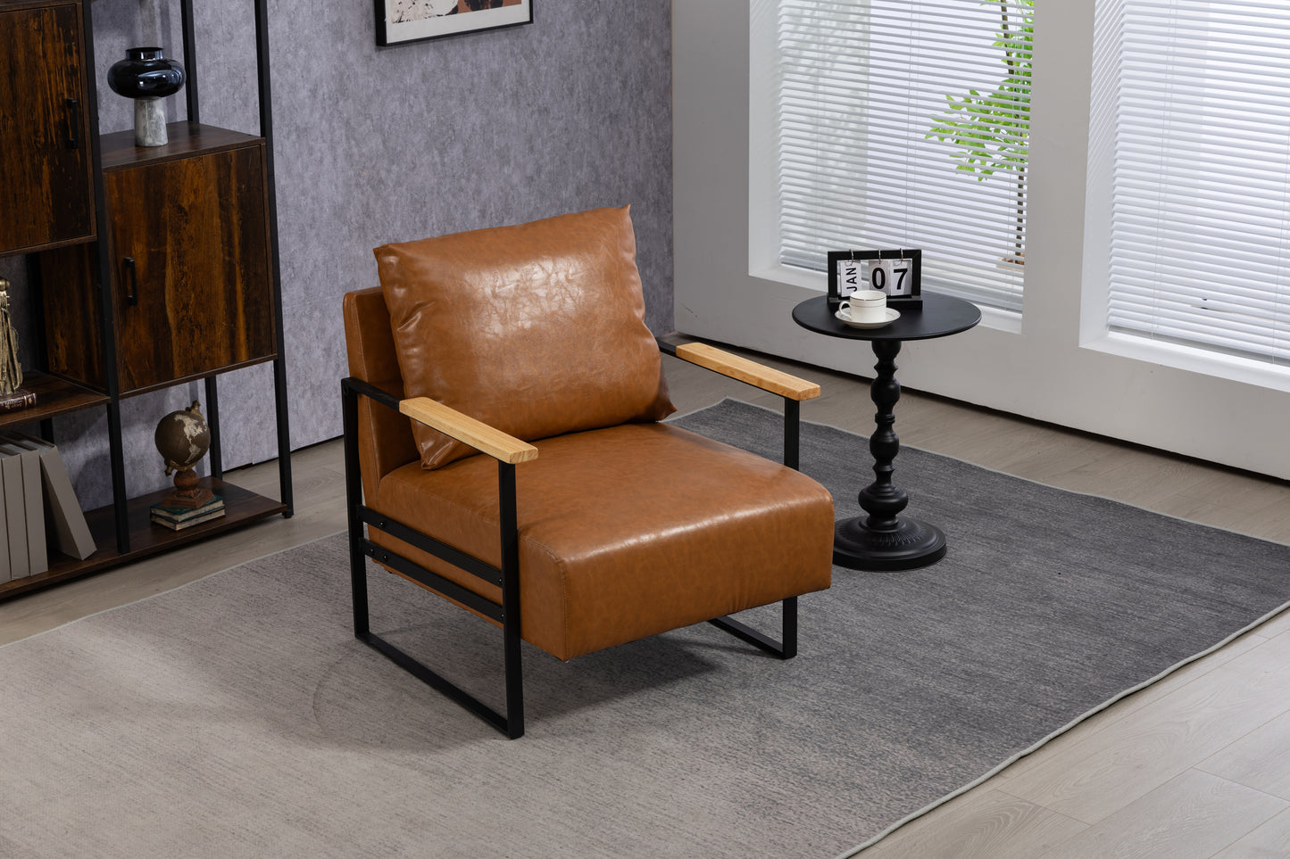 Leather Accent Chair Guest Chair for Living Room, Mid Century Armchair for Bedroom (Brown Leather)