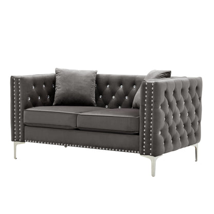 59.4 Inch Wide Grey Velvet Sofa with Jeweled buttons,Square Arm,2 Pillow