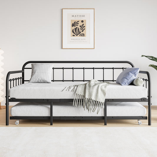 Size Metal Daybed Frame with Trundle, Heavy Duty Steel Slat Support Sofa Bed Platform with Headboard, No Box Spring Needed, Black