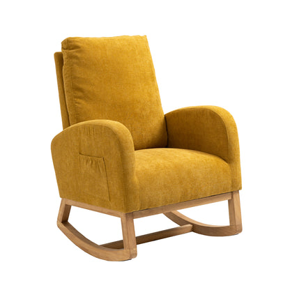 Rocking Chair, Modern Glider Chair, Recliner Armchair with Wood Legs and Side Pocket, Nursery Rocking Accent Chair with High Back for Living Room Bedroom (Mustard Yellow linen)