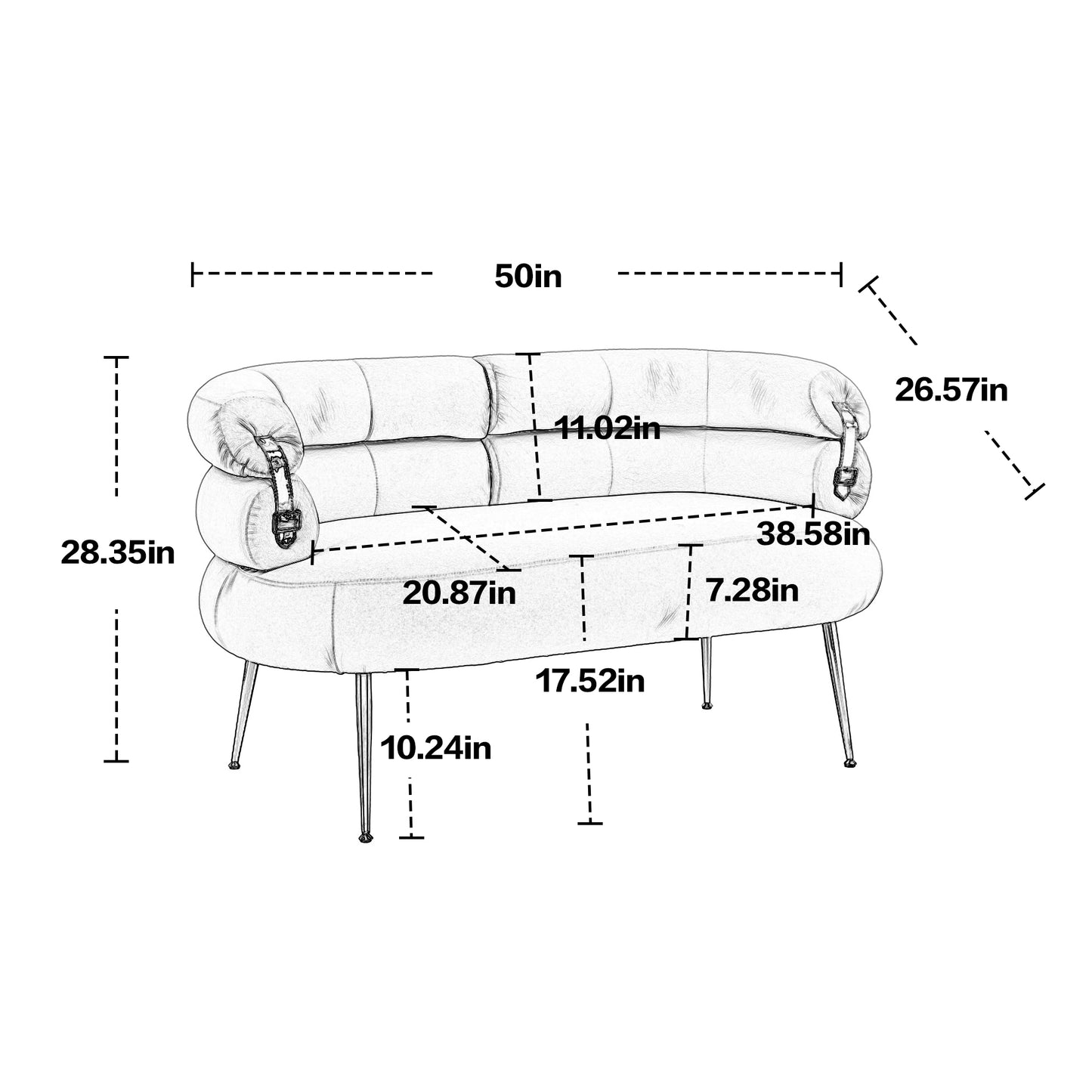 Small Loveseat Sofa, Upholstered Mini Couch with Curved Backrest with Stylish Golden Decor, Small Comfy Love Seat Leisure Accent Couch for Living Room, Bedroom, Office