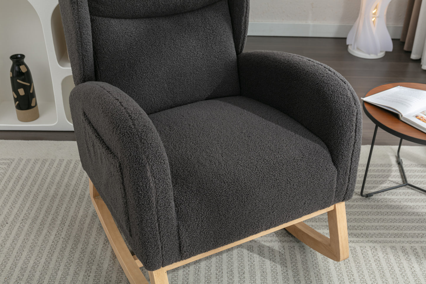 049-Teddy Fabric Rocking Chair With Packet Wood Legs,Dark Gray