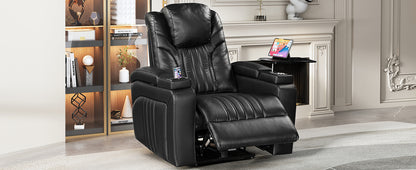 PU Leather Power Recliner Home Theater Recliner with Power Adjustable Headrest, Wireless Charging Device, USB Port, Storage Arms, Cup Holder and Swivel Tray Table for Living Room, Black