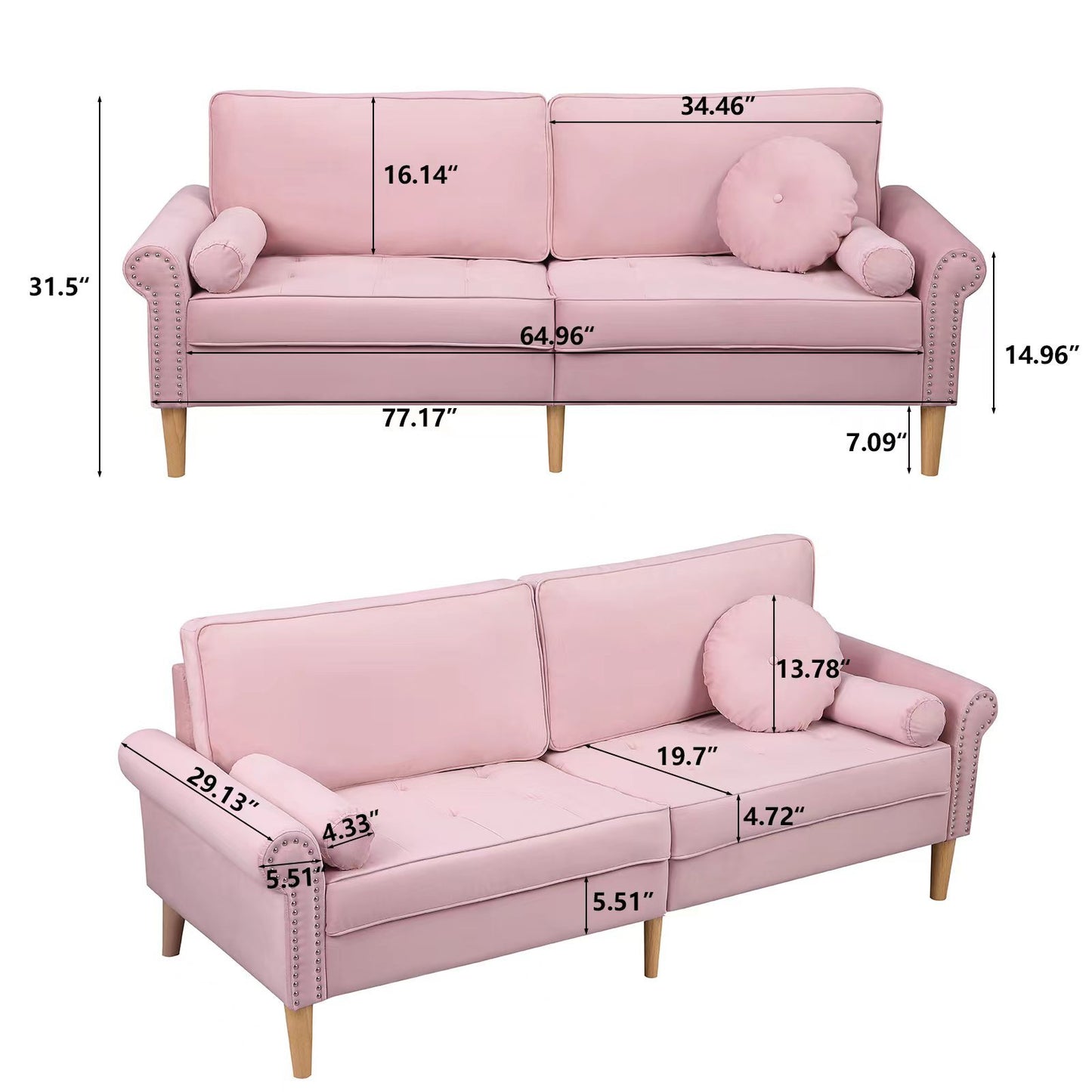 Living Room Sofa,3-Seater Sofa, with Copper Nail on Arms,Three Pillow,Pink