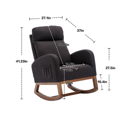 Rocking Chair, Modern Glider Chair, Recliner Armchair with Wood Legs and Side Pocket, Nursery Rocking Accent Chair with High Back for Living Room Bedroom (Black linen)