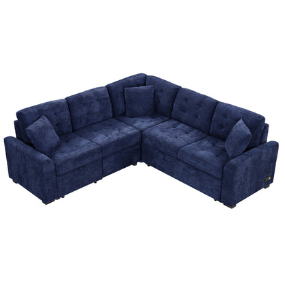 82.6" L-shape Sofa Bed Pull-out Sleeper Sofa with Wheels, USB Ports, Power Sockets for Living Room, Navy Blue