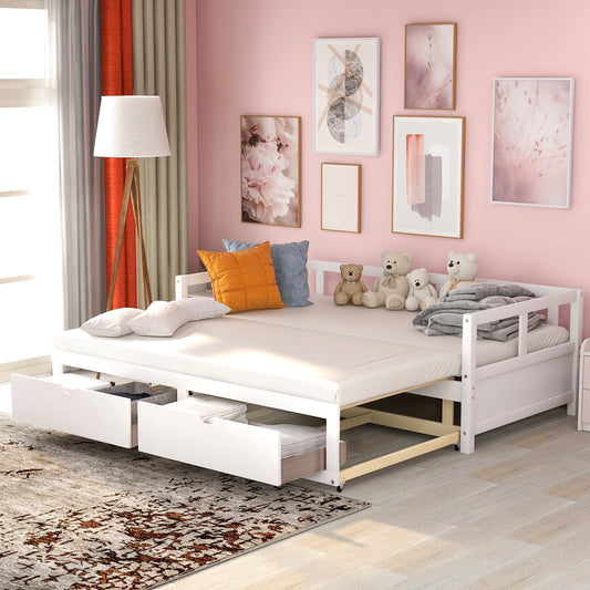 Wooden Daybed with Trundle Bed and Two Storage Drawers, Extendable Bed Daybed,Sofa Bed for Bedroom Living Room,White