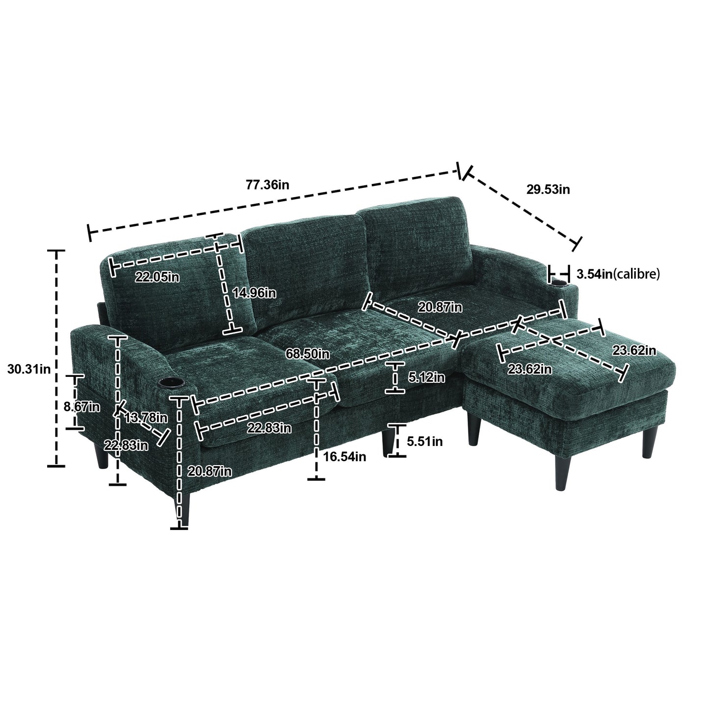 Sofa for three, solid wood frame, Chenille fabric, side pocket, with two cup holders, footstool with storagestorage sofa /Living room sofa cozy sectional sofa