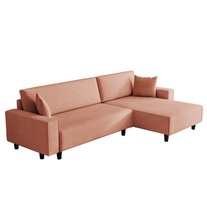 The 93-inch orange corduroy sofa bed comes with two pillows to fit in the living room and the apartment is not overcrowded