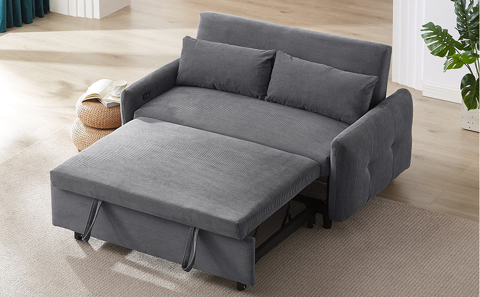 57.48" Pull-out Sofa Bed Convertible Couch 2 Seat Loveseat Sofa Modern Sleeper Sofa with Two Throw Pillows and USB Ports for Living Room, Dark Grey