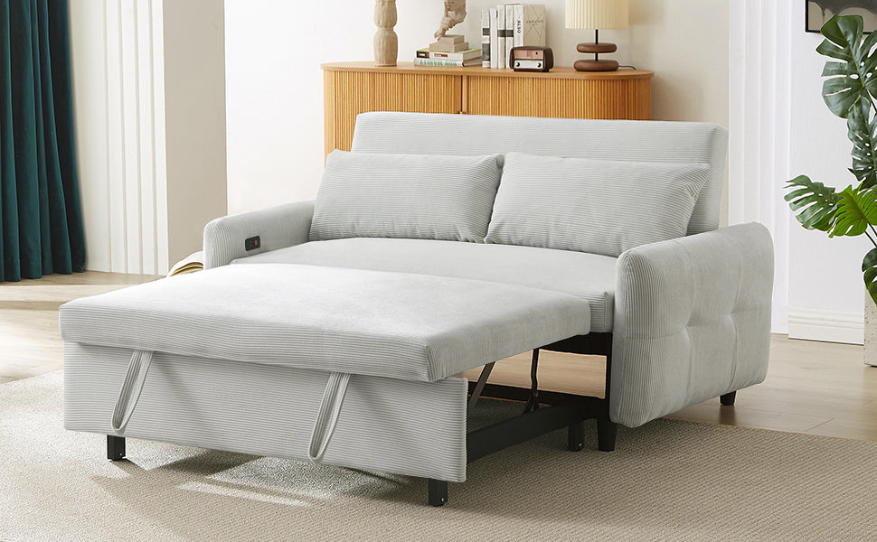 57.48" Pull-out Sofa Bed Convertible Couch 2 Seat Loveseat Sofa Modern Sleeper Sofa with Two Throw Pillows and USB Ports for Living Room, Light Blue