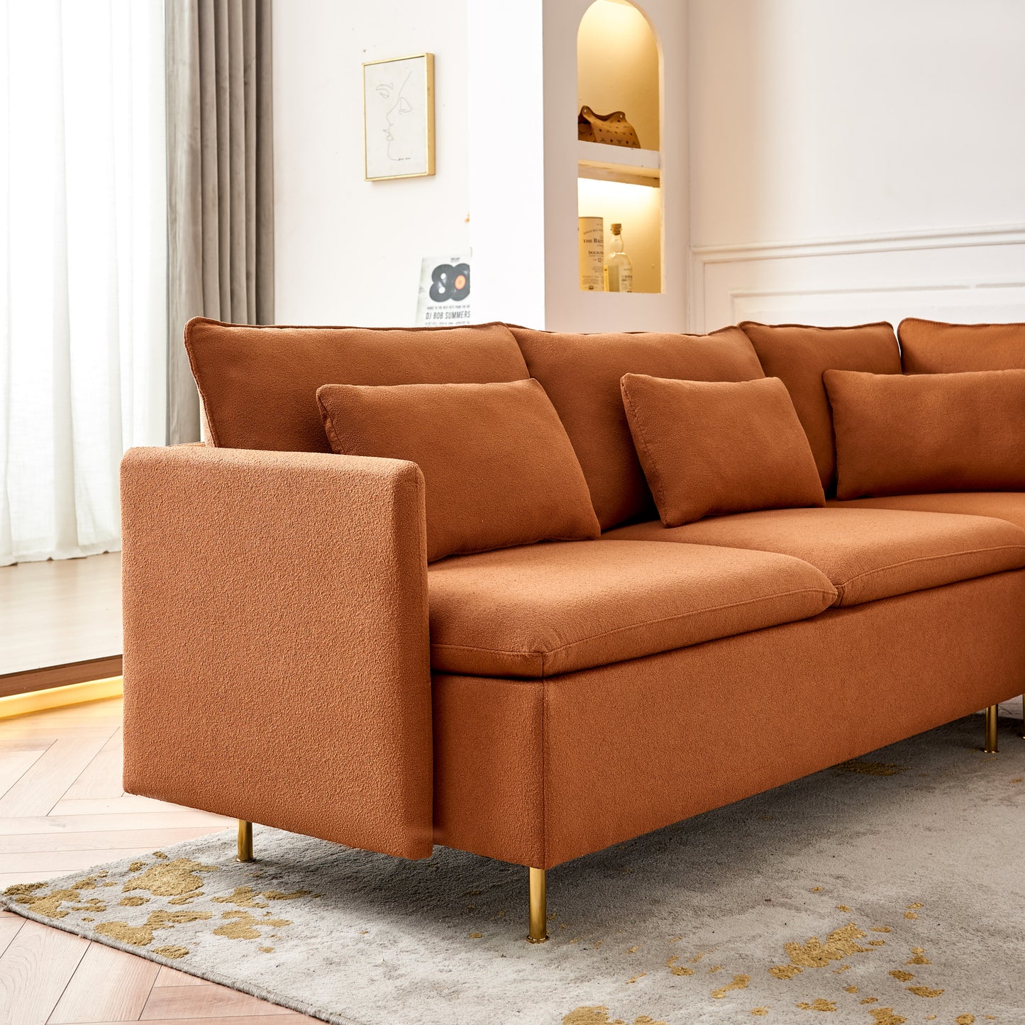 92"Teddy Fabric Sofa, Modern Corner Sectional Sofa with Support Pillow for Living room, Apartment & Office.(Orange)