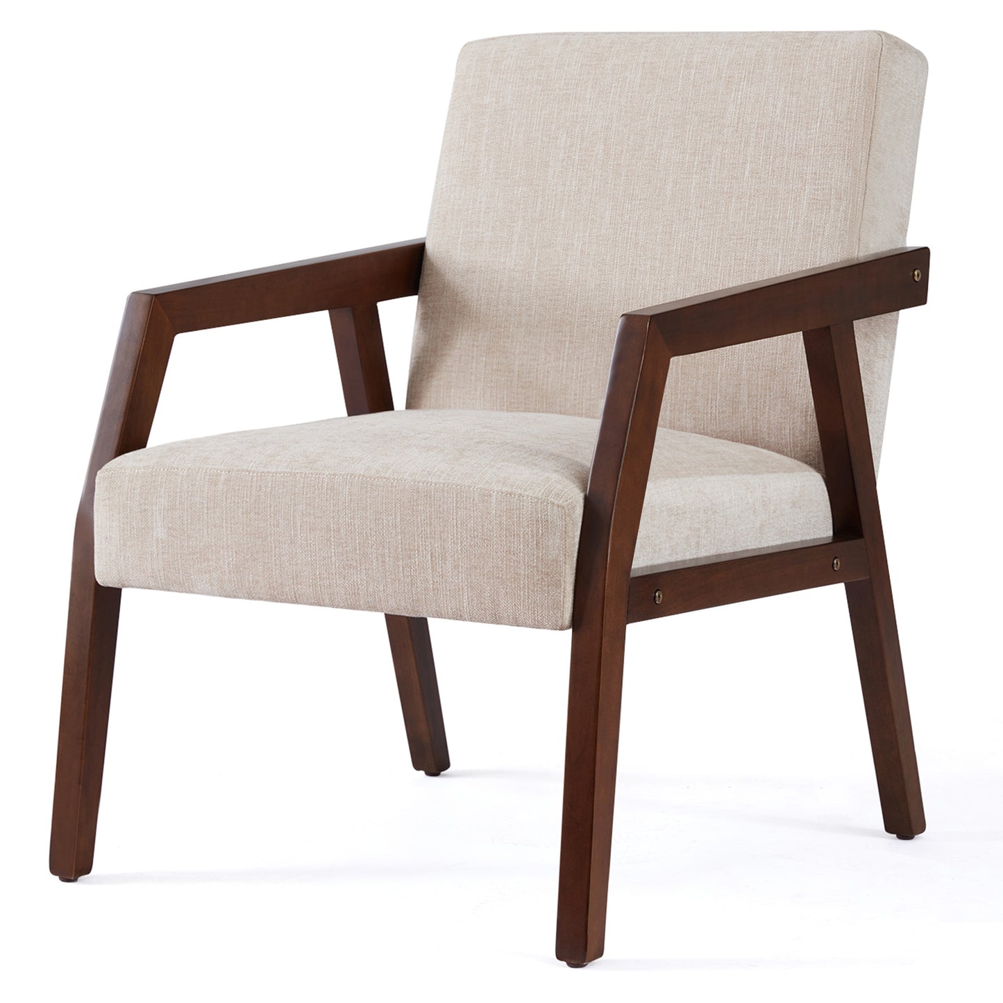 Solid Wooden Mid-Century Modern Accent Chair, Upholstered Arm Chair for Living Room, Bedroom, Linen Fabric Reading Chair, Side Chair, Brown