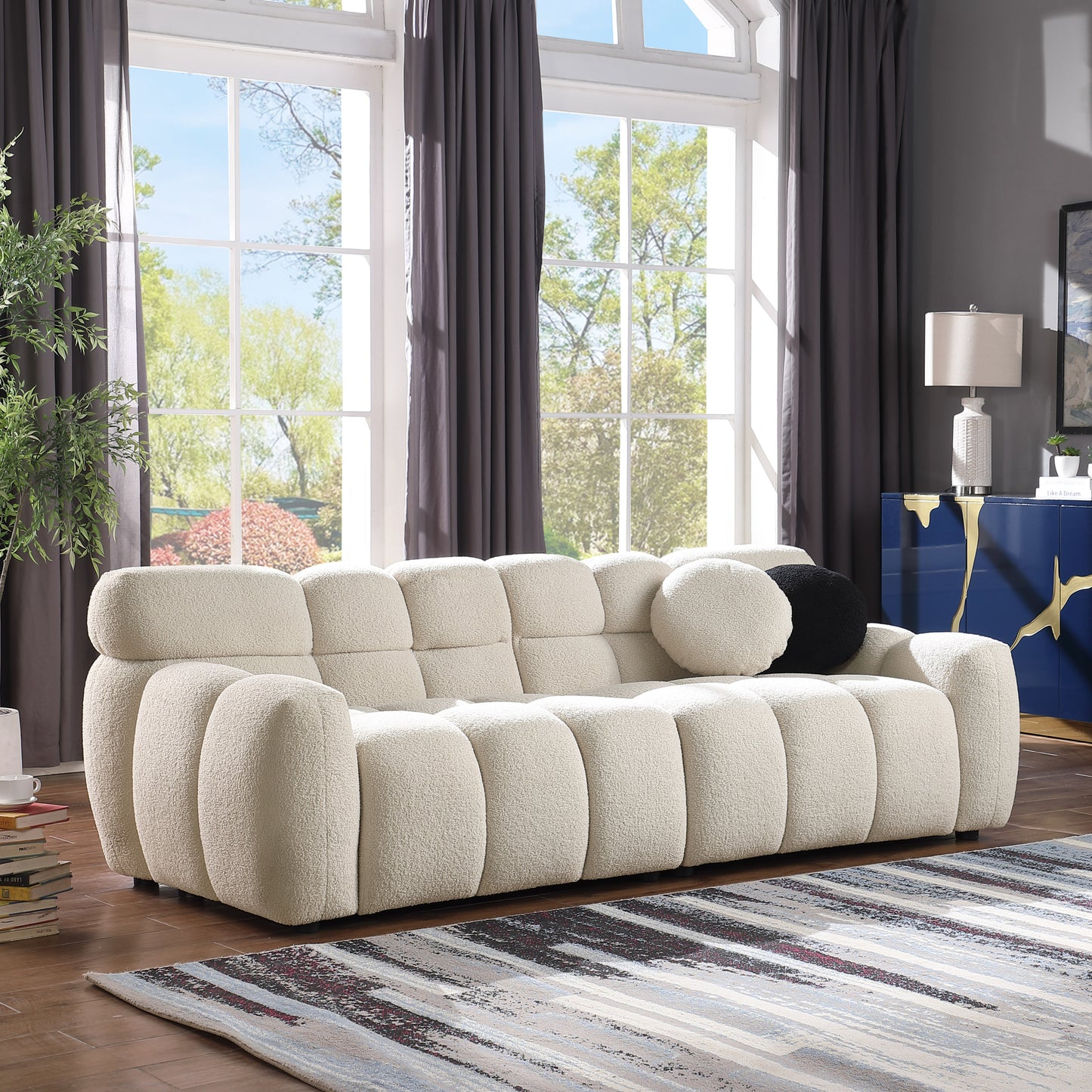 87.4 length,35.83" deepth,human body structure for USA people, marshmallow sofa,boucle sofa,3 seater, BEIGE BOUCLE