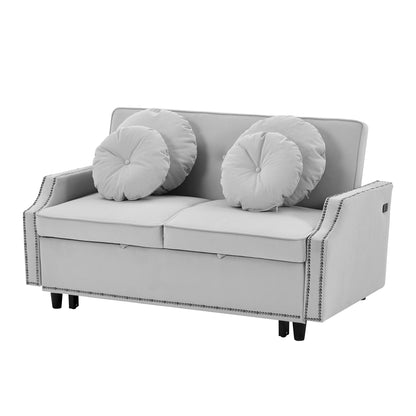 54.7" Multiple Adjustable Positions Sofa Bed Stylish Sofa Bed with a Button Tufted Backrest, Two USB Ports and Four Floral Lumbar Pillows for Living Room, Bedroom,or Small Space, Light Grey